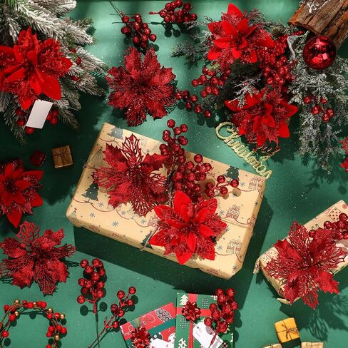 60 Pcs 6 Styles Christmas Glitter Berries Stems with Clip Christmas Artificial Poinsettia Flowers Christmas Tree Picks for Christmas Tree Ornaments DIY Xmas Wreath Crafts Holiday Decor(Red) in Kuwait