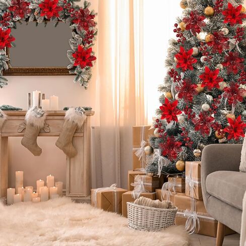 60 Pcs 6 Styles Christmas Glitter Berries Stems with Clip Christmas Artificial Poinsettia Flowers Christmas Tree Picks for Christmas Tree Ornaments DIY Xmas Wreath Crafts Holiday Decor(Red) in Kuwait