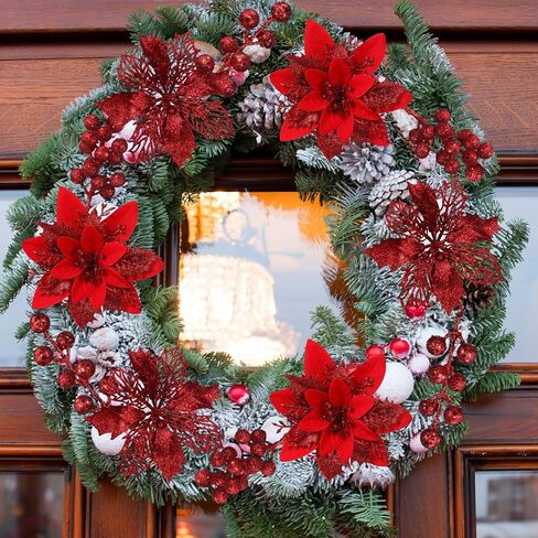 60 Pcs 6 Styles Christmas Glitter Berries Stems with Clip Christmas Artificial Poinsettia Flowers Christmas Tree Picks for Christmas Tree Ornaments DIY Xmas Wreath Crafts Holiday Decor(Red) in Kuwait