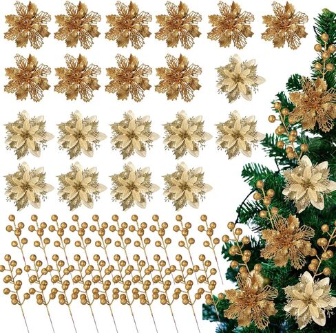 60 Pcs 6 Styles Christmas Glitter Berries Stems with Clip Christmas Artificial Poinsettia Flowers Christmas Tree Picks for Christmas Tree Ornaments DIY Xmas Wreath Crafts Holiday Decor(Red) in Kuwait