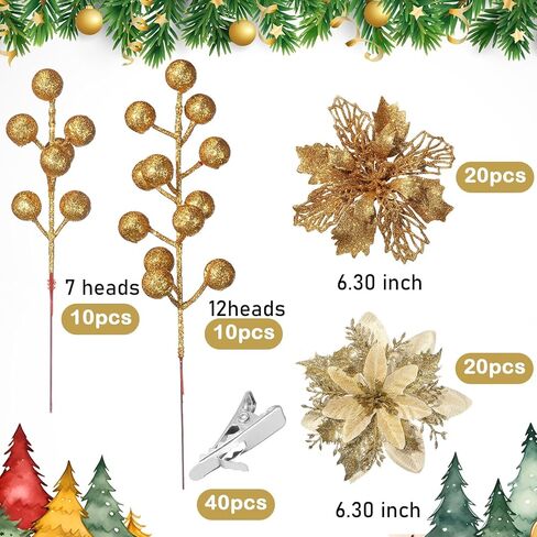 60 Pcs 6 Styles Christmas Glitter Berries Stems with Clip Christmas Artificial Poinsettia Flowers Christmas Tree Picks for Christmas Tree Ornaments DIY Xmas Wreath Crafts Holiday Decor(Red) in Kuwait