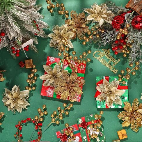 60 Pcs 6 Styles Christmas Glitter Berries Stems with Clip Christmas Artificial Poinsettia Flowers Christmas Tree Picks for Christmas Tree Ornaments DIY Xmas Wreath Crafts Holiday Decor(Red) in Kuwait