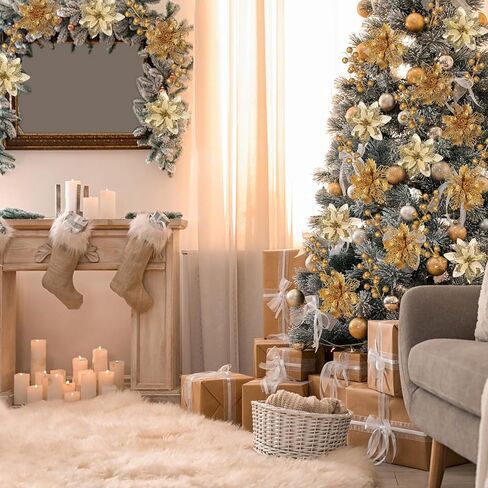 60 Pcs 6 Styles Christmas Glitter Berries Stems with Clip Christmas Artificial Poinsettia Flowers Christmas Tree Picks for Christmas Tree Ornaments DIY Xmas Wreath Crafts Holiday Decor(Red) in Kuwait