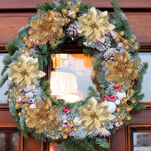 60 Pcs 6 Styles Christmas Glitter Berries Stems with Clip Christmas Artificial Poinsettia Flowers Christmas Tree Picks for Christmas Tree Ornaments DIY Xmas Wreath Crafts Holiday Decor(Red) in Kuwait