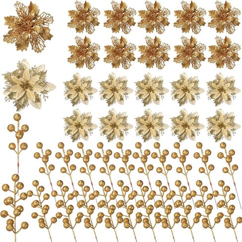 60 Pcs 6 Styles Christmas Glitter Berries Stems with Clip Christmas Artificial Poinsettia Flowers Christmas Tree Picks for Christmas Tree Ornaments DIY Xmas Wreath Crafts Holiday Decor(Red) in Kuwait