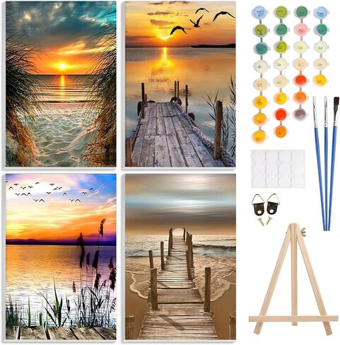 4 Pack Paint by Number Kit for Adults Framed Canvas, DIY Adult Paint by Number Kits with Easel, Forest Sunset Landscape Painting by Numbers for Beginners, Arts and Crafts for Home Decor 8x12inch in Saudi Arabia
