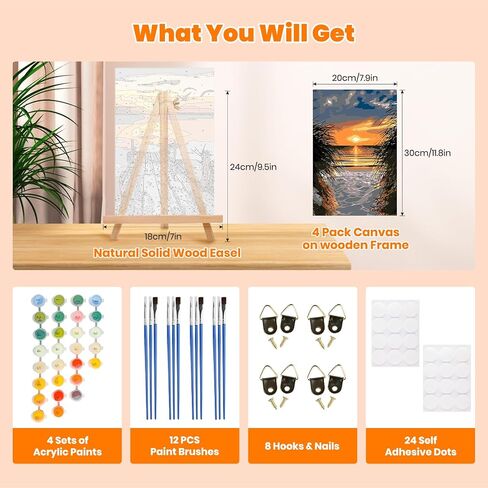 4 Pack Paint by Number Kit for Adults Framed Canvas, DIY Adult Paint by Number Kits with Easel, Forest Sunset Landscape Painting by Numbers for Beginners, Arts and Crafts for Home Decor 8x12inch in Saudi Arabia