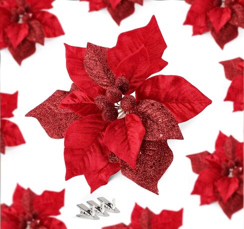 ABSOFINE 9'' Christmas Glittery Flower Ornaments Red Artificial Poinsettia Large Glitter Decorations for Christmas Tree Wreaths, 10 Pcs in Saudi Arabia