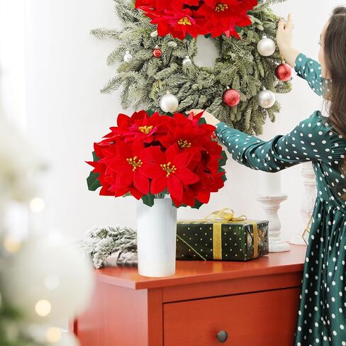 البونسيتة زهور عيد الميلاد الاصطناعية 6 قطع، 5 رؤساء الأحمر 13.7 "باقة زهرة البونسيتة وهمية للمنزل مكتب عيد الميلاد عطلة ديكورات داخلية in Saudi Arabia