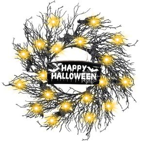 20In Halloween Wreaths with LED Light Happy Halloween Wooden Sign Artificial Black Halloween Bats Wreaths for Front Door Halloween Door Sign with Yellow Light for Indoor Outdoor Halloween Party Decor