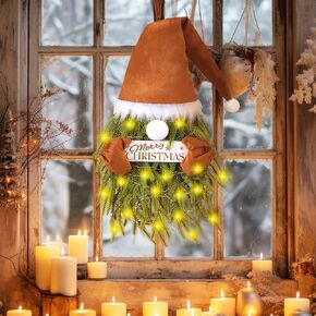 إكليل جنوم عيد الميلاد من دينجيون مع أضواء إكليل نورفولك الصنوبر المحايد لتزيين الباب الأمامي، بني مخملي لعيد الميلاد سانتا جنوم، علامة معلقة، إكليل جنوم واقعي لعيد الميلاد، شرفة المنزل، داخلي وخارجي in Kuwait