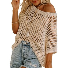 Women Short Sleeve Crochet Top Scoop Neck Hollow Out Knit Pullover Beach Coverup Top