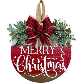 Merry Christmas Wreath Welcome Sign for Front Door, 11.8 inch Wooden Merry Christmas Sign for Holiday Rustic Farmhouse Front Door Porch Wall Window Outside Decorations (Believe)