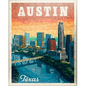 MyPuzzle Austin, Texas: Skyline, Vintage Poster - Premium 1000 Piece Jigsaw Puzzle for Adults