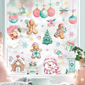 Whaline 9 Sheets Vintage Christmas Window Cling Stickers Pink Gingerbread Santa Snowman Reusable Window Decals Xmas Watercolor Window Decoration for Winter Party Home Office Classroom