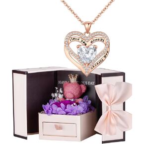 Generic Birthday Gift for Her, Preserved Rose Gift Box, Cute Moss Bear for Wife Girlfriend on Birthday Anniversary Mothers Day Christmas (Pink box+necklace02) in Saudi Arabia