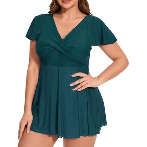 Women's Plus Size Swimsuit Ruffle Sleeve Swim Dress One Piece Tummy Control Bathing Suit V Neck Swimwear