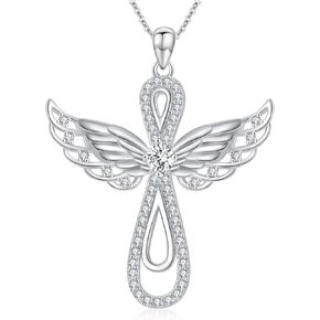WTYIM Cross Necklace for Women 18k White Gold Plated Sterling Silver Angel Wings Cross Pendant with Moissanite Diamond Necklace Faith Religious Jewelry Christmas Birthday Gifts for Her Wife Girls