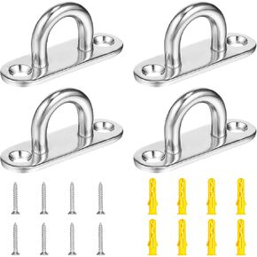 4PCS 1.8" Pad Eye Hooks 304 Stainless Steel Ceiling Anchor Hanger Staple Ring Loop Eye Plate U Hook with Screws and Plastic Expansion Tubes, Heavy Duty Ceiling Hook for Wall Mount and Hanging Planters