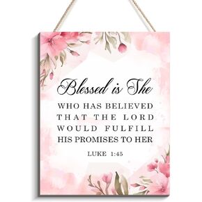 Kercan Pink Christian Wall Art Inspirational Bible Verses Wall Decor Luke 1:45 Wooden Hanging Sign Modern Home Bathroom Bedroom Living Room Kids Room Office Wall Artwork8x10 Inch