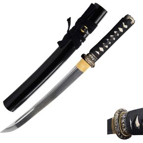 HMS Japanese Samurai Tanto Sword, Brass Tsuba and Fittings, Hand Forged, 1080 Carbon Steel, Black Scabbard, Sharp, Battle Ready