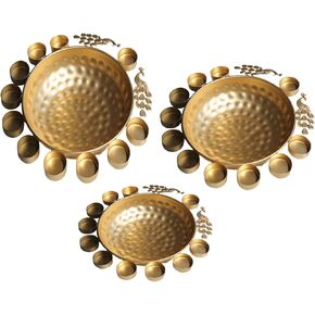 PARIJAT HANDICRAFT Set Of 3 Peacock Design Urli with Diyas Home Decors Metal Golden Color Round Peacock Border with Beautiful Handcrafted Uruli Bowl