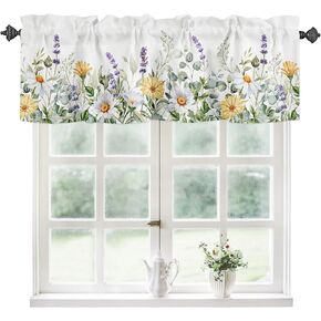 Kitchen Curtain Valance, Lavender Daisy Flower Eucalyptus Leaves Watercolor Floral Spring Short Rod Pocket Window Curtain for Bedroom, Bathroom, 1 Panel, 54" W x 18" L