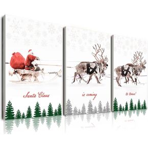 Christmas Wall Art Set of 3, Framed Canvas Wall art Santa Claus Sleigh with Reindeer Design Christmas Wall Decor Prints Xmas Sign Decor for Living Room, Bedroom, Office, Wall Decor, Home Decorations