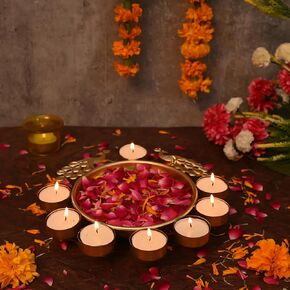 Gyarsilal's Flower Decorative Tea Light Candle Holder Urli Bowl with Peacock for Home (9.5 Inch), Tea Light Candles and Floating Flowers Handcrafted for Home, Office and Table Decor | Diwali Gift Item
