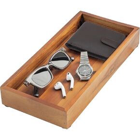 Demigo Acacia Valet Tray, 12.2 x 6 in Men and Women Wooden Catch All Tray for Entryway Table, Bedside Nightstand Organizer, Home Office, Tabletop Storage Vanity for Wallet, Jewelry, Perfume (Black)