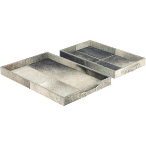 Deco 79 Wood Handmade Cowhide Tray with Slot Handles, Set of 2 24", 20"W, Gray