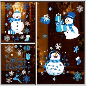 9 Sheets Christmas Window Clings, Blue Snowman Snowflake Window Clings Cute Holiday Winter Window Sticker Decals for Glass Xmas Home Kitchen Living Room Decorations