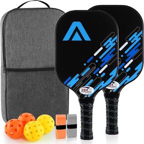 مجموعة مجاديف Pickleball مكونة من قطعتين، معتمدة من الولايات المتحدة الأمريكية، مجموعة كرات مخلل سطحية من الألياف الزجاجية مع مضارب كرة مخلل، قلب من مادة البولي بروبيلين على شكل قرص العسل، مقبض مضاد للانزلاق ممتص للعرق، 4 كرات مخلل، حقيبة حمل محمولة in Saudi Arabia