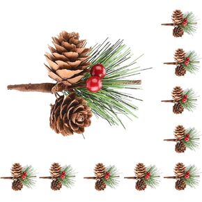 DULRLLY 20pcs Artificial Pine Picks, Pine Needles Branches with Red Berry Stems, Small Fake Berries Pinecones Branches for Crafts Xmas Tree DIY Garland Holiday Wreath (A)