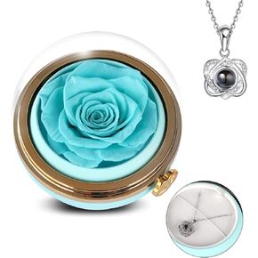 Preserved Real Rose with Heart Necklace , Eternal Flowers Gifts for Women, I Love You Gifts for Mom Wife Grandma Girlfriend, Christmas Valentines Mothers Day Anniversary Birthday Gifts Ideas (blue)