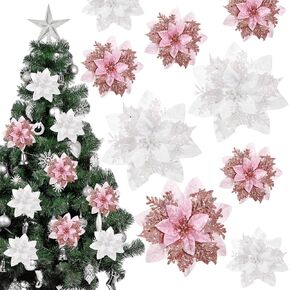 Yunsailing 30 Pcs Poinsettia Christmas Artificial Glitter Flower Xmas Flower Poinsettia for Xmas Tree Artificial Poinsettia Flower for Christmas Tree for Craft Decor Decoration(Light Blue, Silver)
