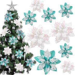 Yunsailing 30 Pcs Poinsettia Christmas Artificial Glitter Flower Xmas Flower Poinsettia for Xmas Tree Artificial Poinsettia Flower for Christmas Tree for Craft Decor Decoration(Light Blue, Silver)