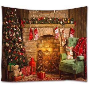 goodbath Christmas Tapestry, Xmas Merry Christams Tree Brick Fireplace Stockings Wall Hangings Tapestries for Bed Room Living Room Dorm, 80 x 60 Inch, Colorful