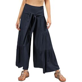 IWEMEK Women's Boho Palazzo Pants Casual Loose Wide Leg Lounge Pants Bohemian Beach Pants with Belt Hippie Harem Flowy Pants