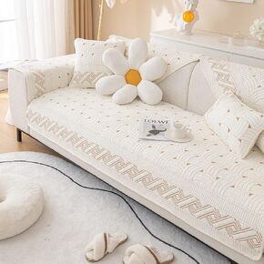 Farmhouse Cotton Quilted Sofa Cover Weave Pattern Embroidery Sectional Couch Cover Soft Nonslip Sofa Slipcover Furniture Protector Cover for Pets Kids Children Dog Cat (Gray,28"x59")