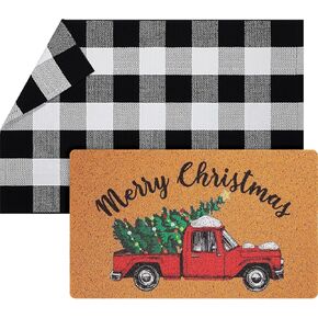 Geelin 2 Pcs Christmas Door Mat Xmas Front Doormat Black and White Buffalo Checkered Rug Decorative Christmas Tree Imitation Coir Welcome Floor Mat Layering Rug for Front Door(Snowflake)