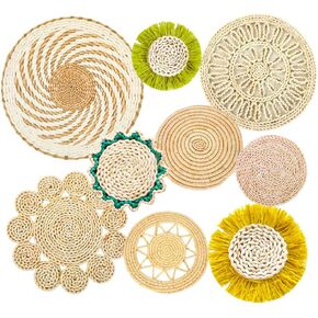 QILFOEX Wall Decor Boho Wall Art Set of 9, Living Room Hanging Wall Basket Seagrass Rattan Wicker Handmade Woven Round 7 Inches - 14 Inches Decor Living Wall Basket, Bedroom Farmhouse Bathroom Dining Kitchen Nursery Classroom Office Wall Decor