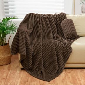 Bnuitland Burnt Orange Flannel Throw with Storage Pouch,300GSM Super Soft Fleece Stripe Pattern Sofa Blanket for Adults and Kids, Lightweight Cozy Bed Throw for Home Decor All Season