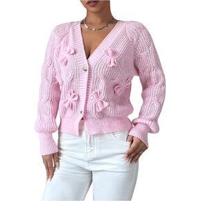 Verdusa Women's Bow Button Down Cardigans Long Sleeve V Neck Chunky Knit Sweater Outerwear