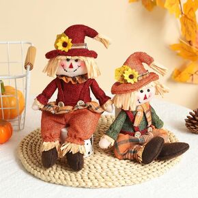 Fall Scarecrow Plush Figurines, 2pcs Handmade Sitting Scarecrows Dolls for Harvest Indoor Tabletop Decor Autumn Shelf Sitters