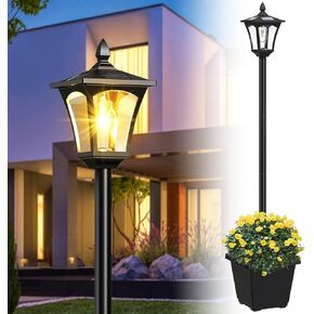 64 Inch Solar Outdoor Lamp Post Light with Planter, 60 High Lumen Solar Street Light, Solar Post Lights Waterproof for Garden, Pathway, Lawn, Driveway, Front Back Door Outside Pole Lamp（Warm）