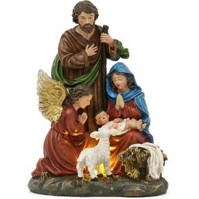 Valery Madelyn Christmas Nativity Scene Figurine, Green Gold Holy Family with Angel and Lamb Resin Sculpture with Lights for Holiday Indoor Xmas Gift Table Statue Decorations, 9.8 Inch