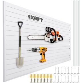 PVC Slat Wall Panels 4 x 4 Ft, 4 Panels, Garage Wall and Home Organizer Storage System Slat Wall Paneling Garage Slatwall for Garage Wall Tool Organization Peg Board Storage Rack, White