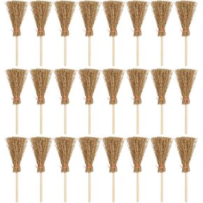 COHEALI Mini Broomsticks Cinnamon Broomstick 24pcs Practical Small Broom Natural Palm Mini Broom Decorations with Red Rope Household Broom Decoration Miniatures for Crafts Mini Witches Broomsticks