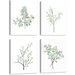 HyeeArt Botanical Wall Art Prints, Set of 4 Plant Wall Decor Aesthetic, Eucalyptus Leaf Watercolor Painting for Bathroom, Bedroom, Living Room, Office, FRAMED 8x10in